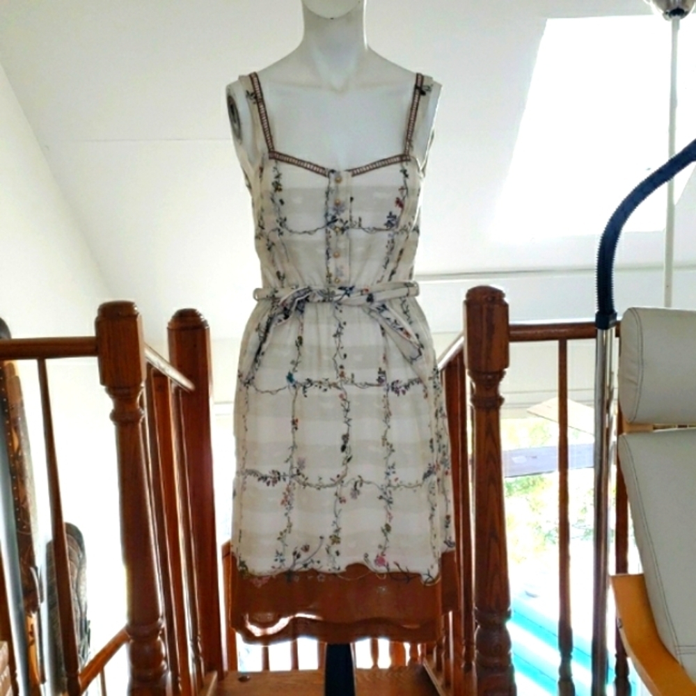 Ailanto Spain Ivory Floral Print Spaghetti Strap Rushed Cotton Dress US SIZE 8
